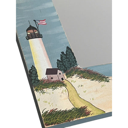 Hand Painted Wall Mirror Light House Wood Blue Handpainted Vintage 14” X 11”