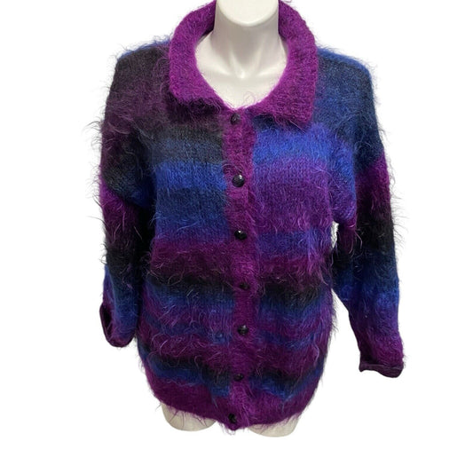 Vintage Handknit Mohair Wool Heather Designs Scotland Purple Blue Sweater Jacket