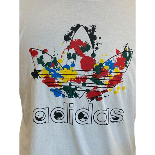 Size Medium Adidas Mens T Shirt White Logo Paint Splatter Design 80’s Y2K Style