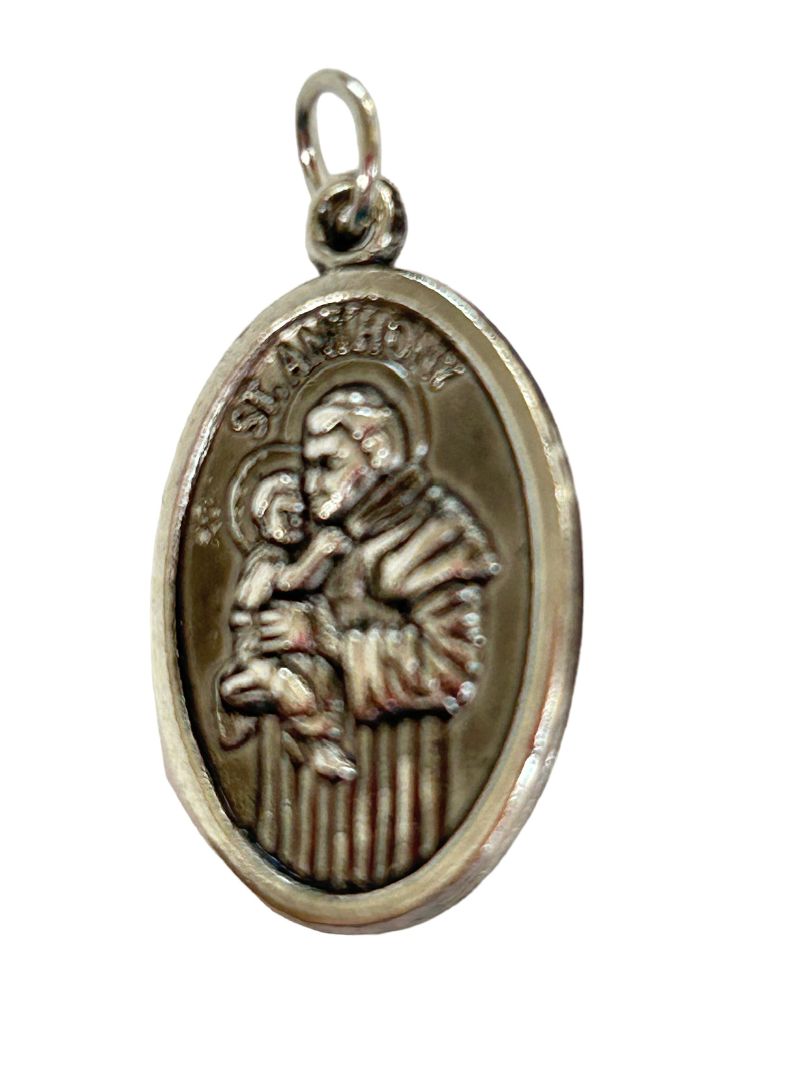 Vintage Silvertone Charm Medal St Anthony Patron Saint of Lost Things Oval 7/8"