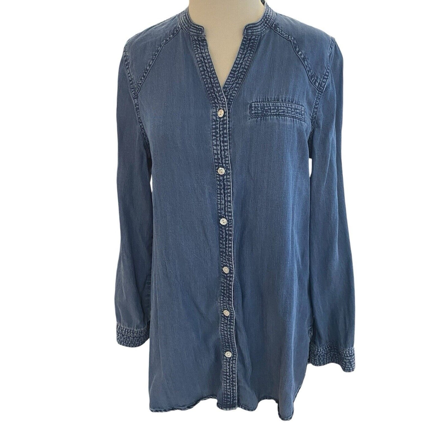 Size Small Soft Surroundings Denim Button Down Tunic Sleeve Lyocell Shirt