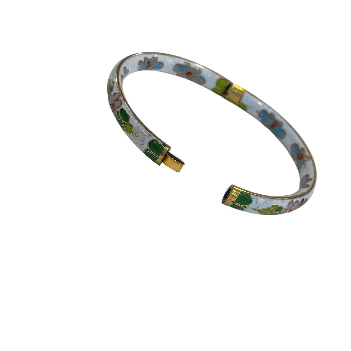 Vintage Cloisonne White Green Floral Flower Enamel Hinged Cuff Bangle Bracelet