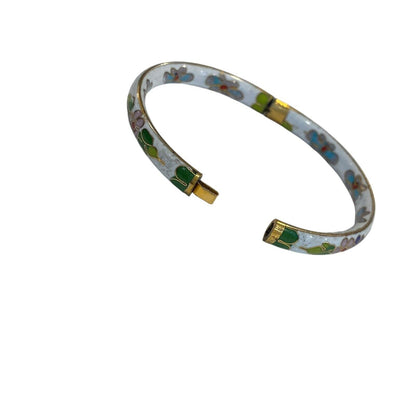 Vintage Cloisonne White Green Floral Flower Enamel Hinged Cuff Bangle Bracelet