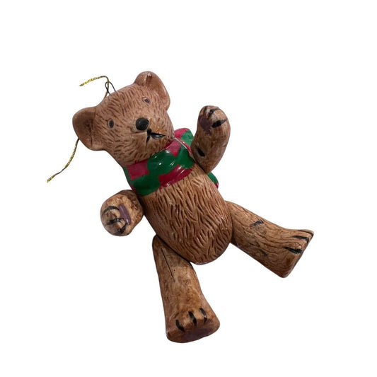 Ceramic Teddy Bear Christmas Ornament Scarf Articulated Jointed Handpainted 4”