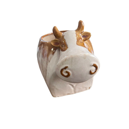 Cow Ceramic Glazed Planter Adorable Unique Brown White