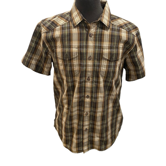 Prana Men Size L Short Sleeve Plaid Shirt Organic Cotton Blend Gorpcore