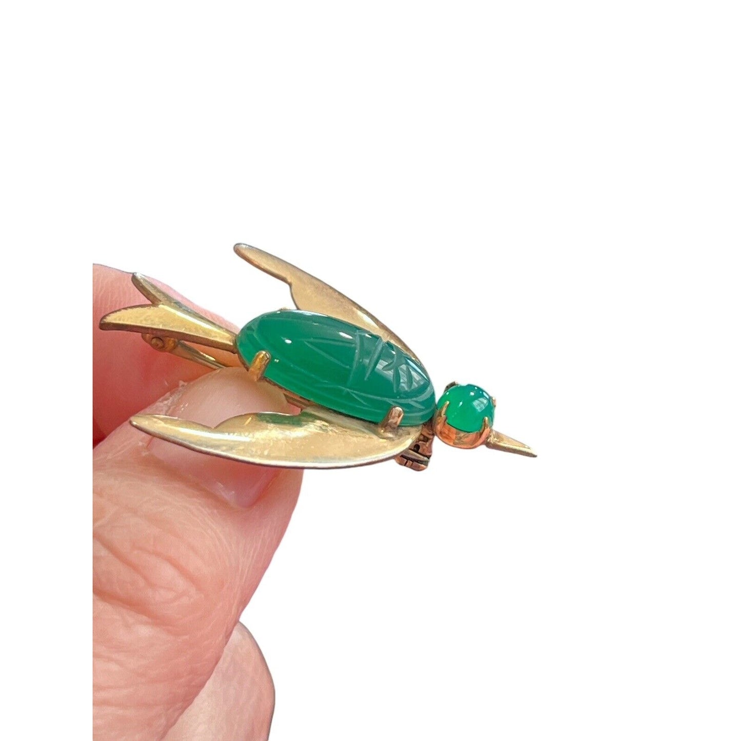 Vintage Wire 1/20 12K GF Jade Cabochon Filigree Bird Brooch Gold Tone