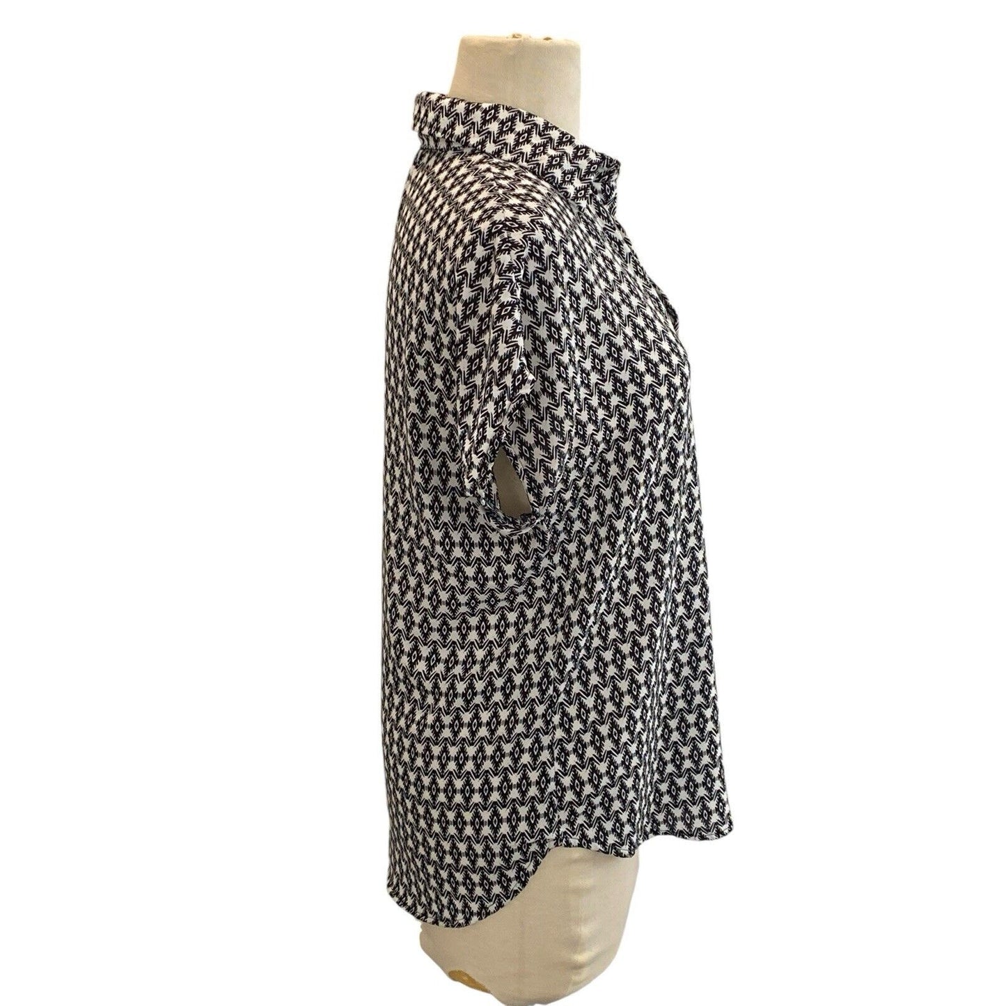 Small Pleione Women's Cap Sleeve Black White Button Up Blouse Slightly Sheer