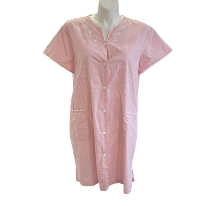 Miss Elaine Size 2X Cotton Check Short Sleeve Snap Front Robe Pink Granny Core