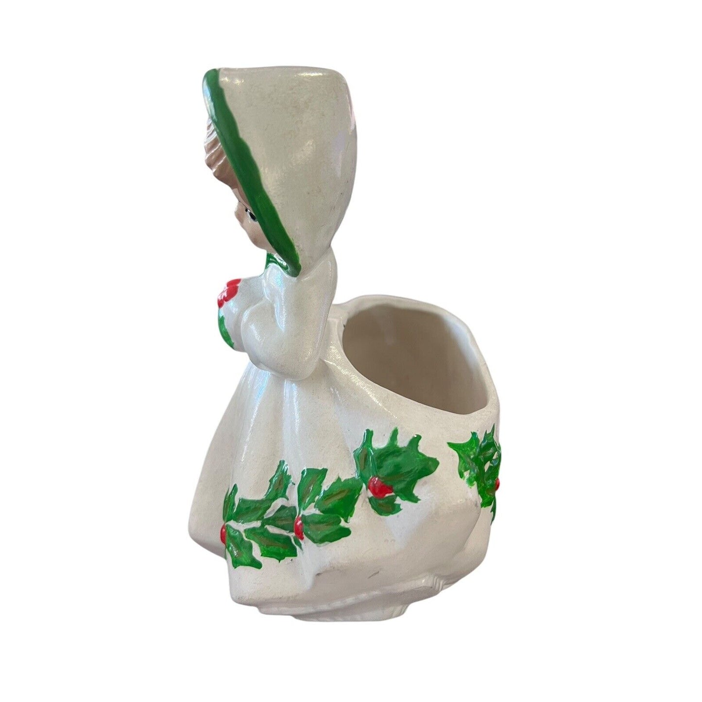 Vintage HOLLY GIRL Christmas Figurine Vase Large Planter 7x6x5 Handpainted
