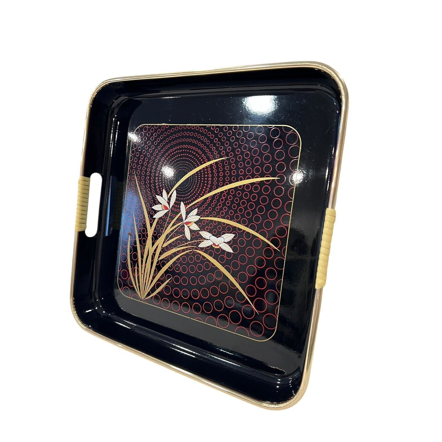 Japanese Black Lacquer Tray "Grand Iris" Gold Rim Wrapped Handles EUC Vintage