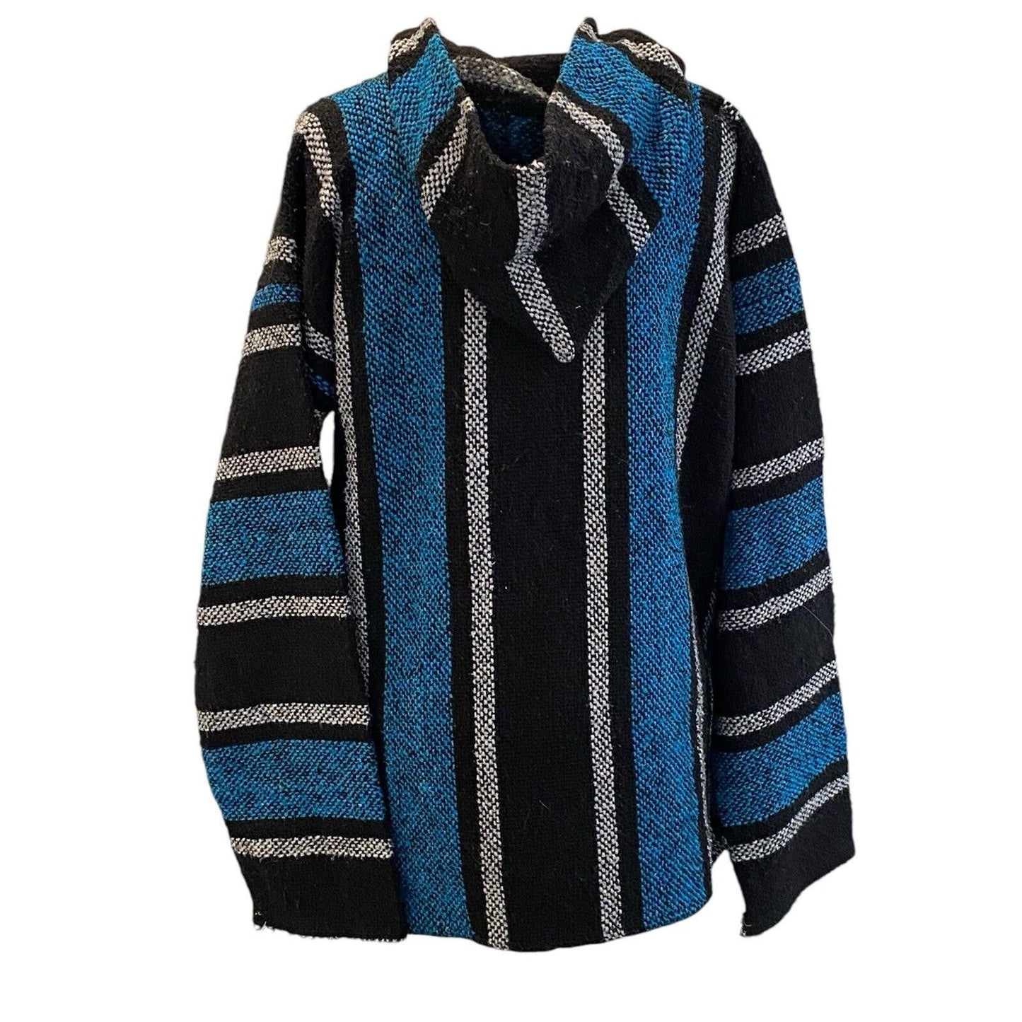 Size L Baja Hippie Poncho Pullover Hoodie Mexican Drug Rug Black Gray Striped
