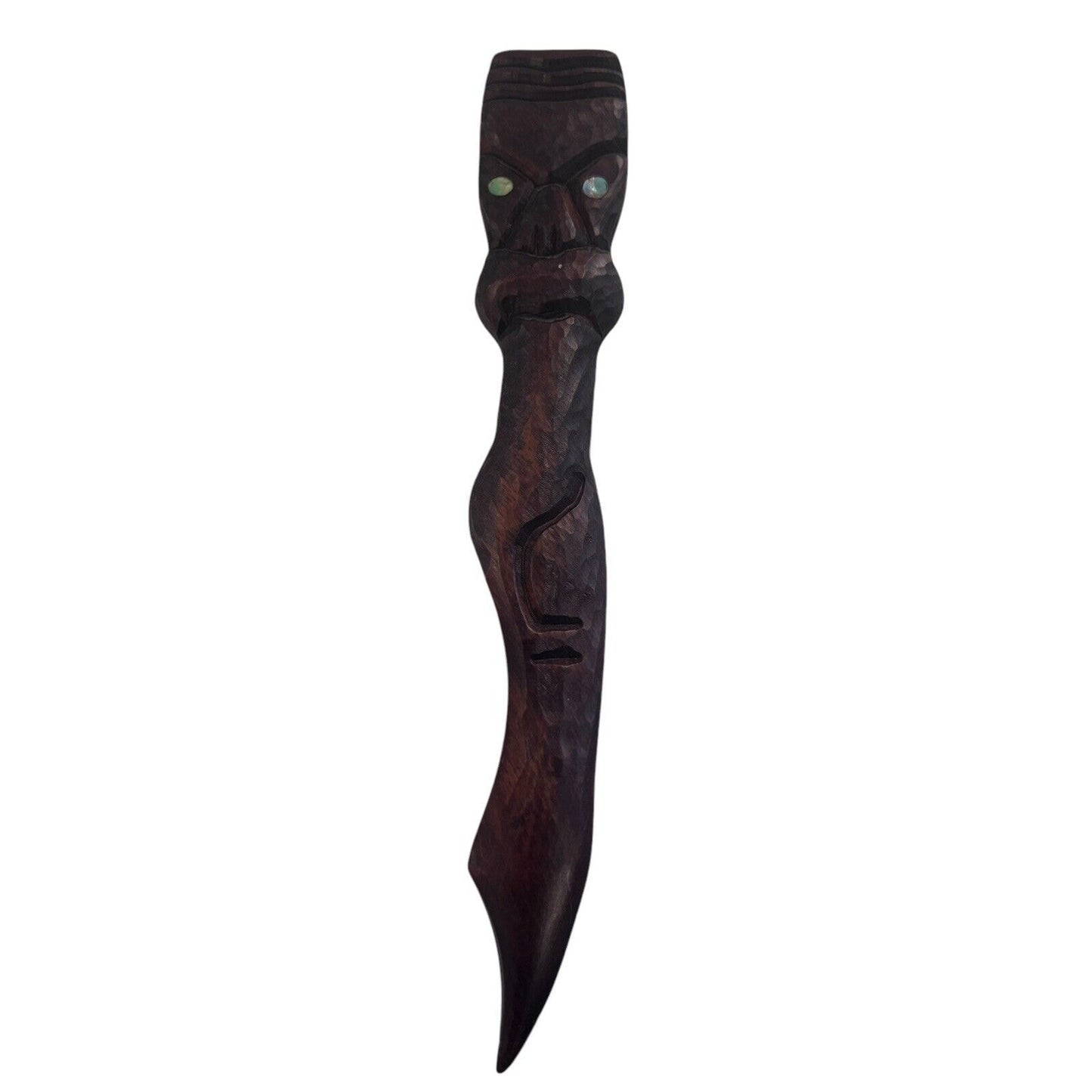 Hand-carved Tiki Head Paua Shell Eyes Hand Carved Wooden Letter Opener 9.25”￼