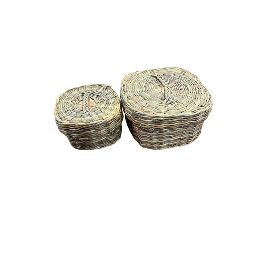 Nesting Basket Sweet Grass Woven 2 Small Square Lidded Boho Cottage Vtg Decor