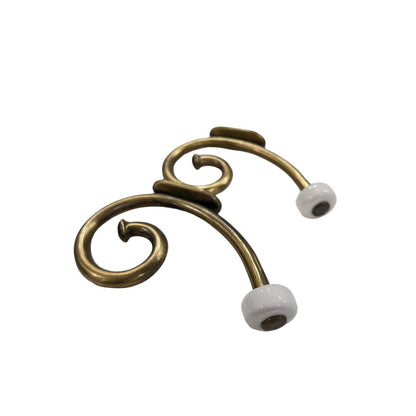 Vintage Brass Hook Rack White Ceramic Knob Coat Hat Towel 5” Scroll B