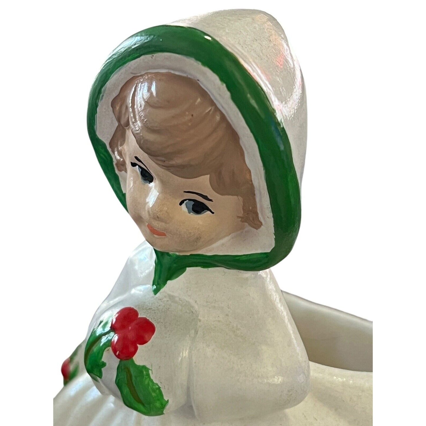 Vintage HOLLY GIRL Christmas Figurine Vase Large Planter 7x6x5 Handpainted