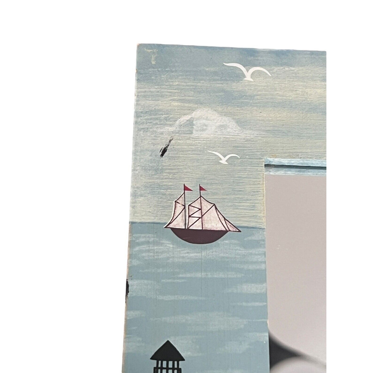 Hand Painted Wall Mirror Light House Wood Blue Handpainted Vintage 14” X 11”