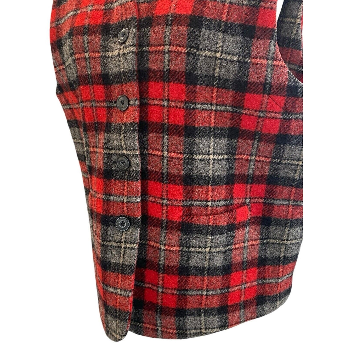 Petite Large Eddie Bauer Women Wool Plaid Red Black Grey Button Pocket Vest