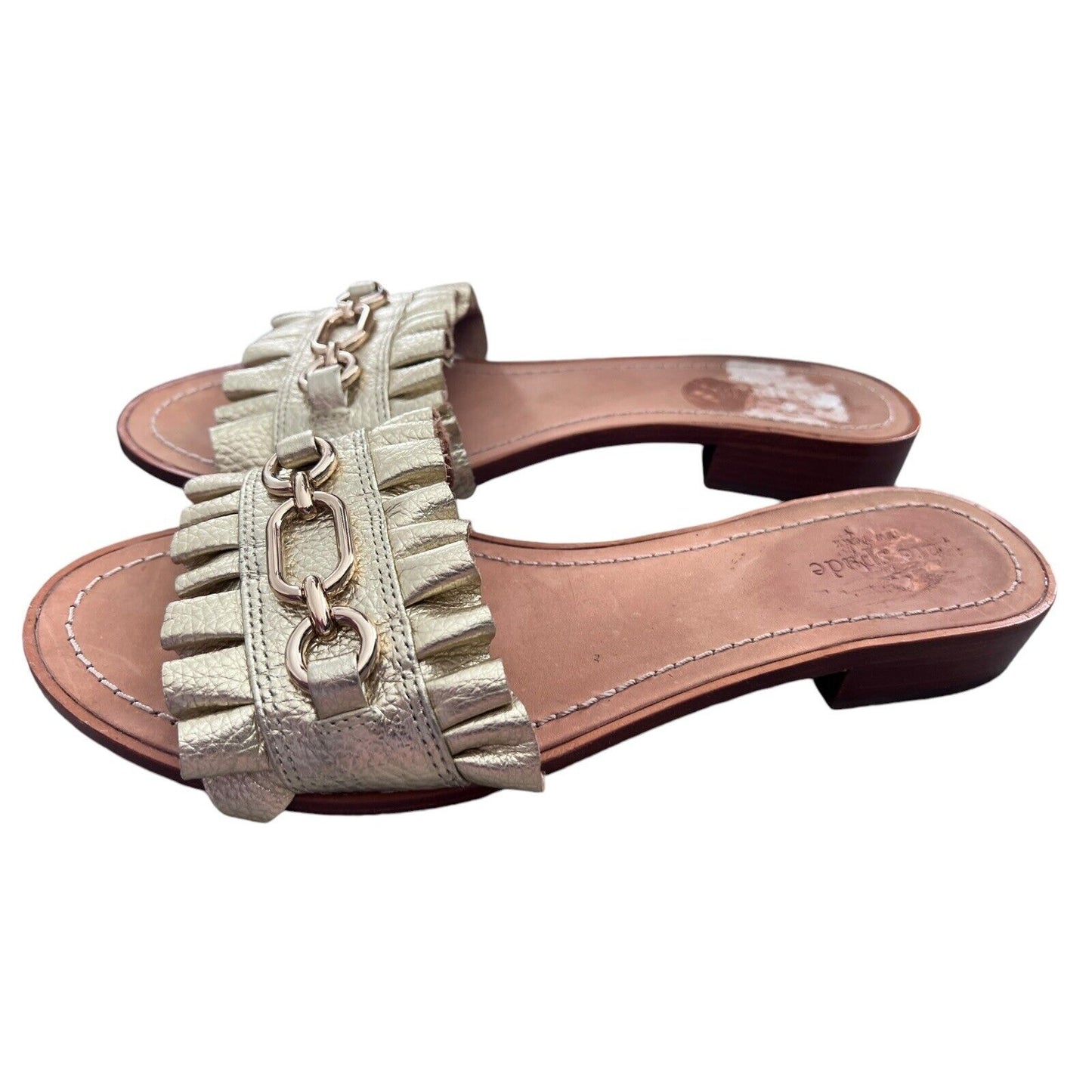 Size 9.5 Kate Spade Ruffle Beau Leather Slide Sandals Gold Chain Preppy Coastal