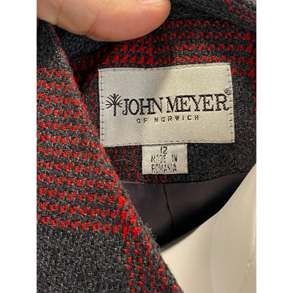 Size 12 John Meyer Of Norwich Blazer Red Gray Plaid Wool Blend Jacket VTG Enamel