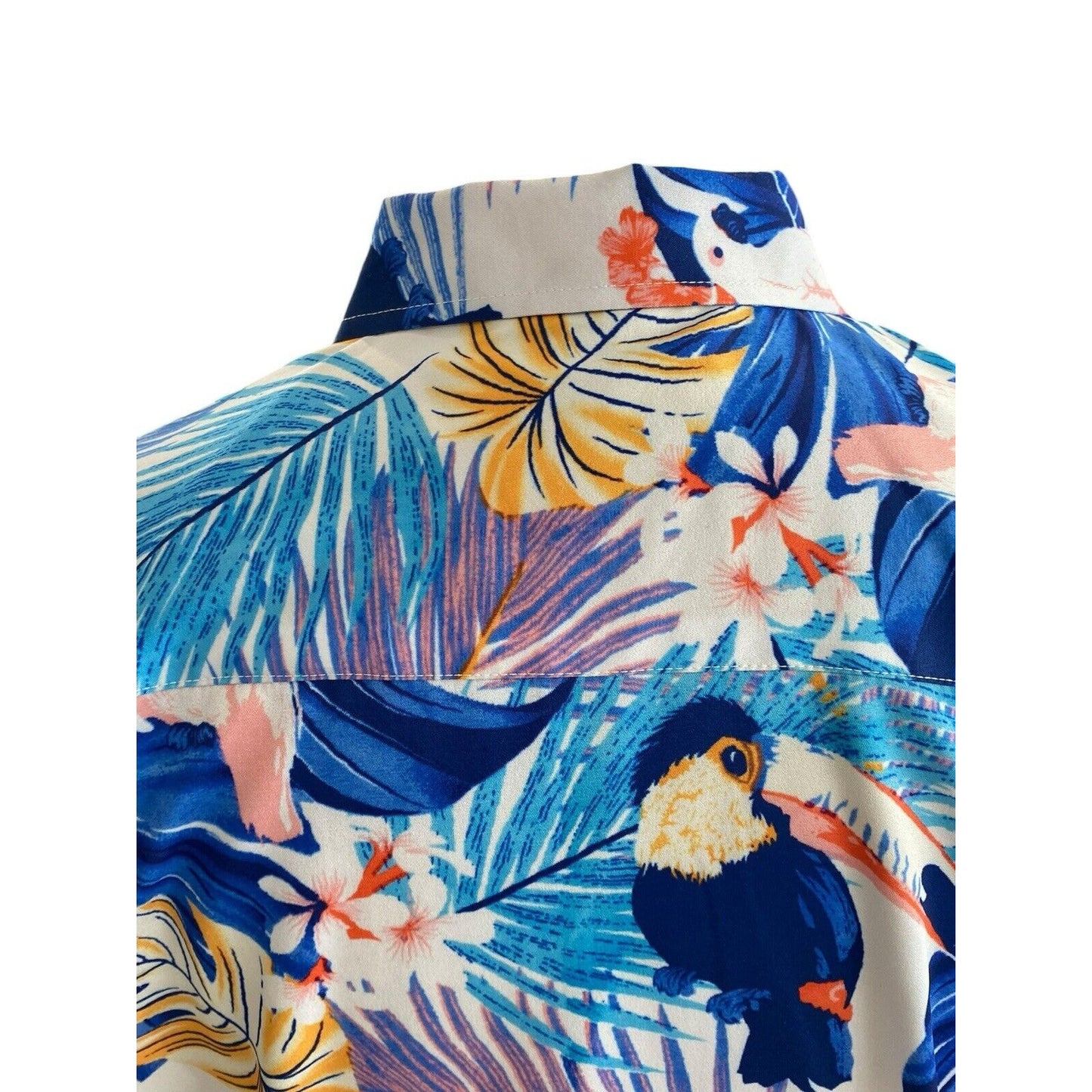 Large Suslo Couture Blue White Palm Toucan Button Down Hawaiian Shirt