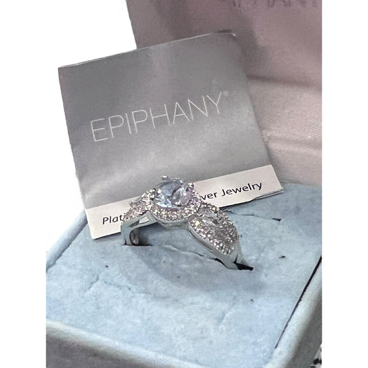 Epiphany Platinum Clad Diamonique Ring size 9 Round Lt Blue Accents .925