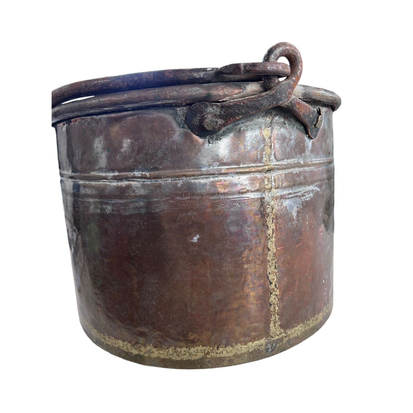 Primitive Copper Mixed Metal Hanging Pot Iron Handle Nice Gold Tone Design Trim