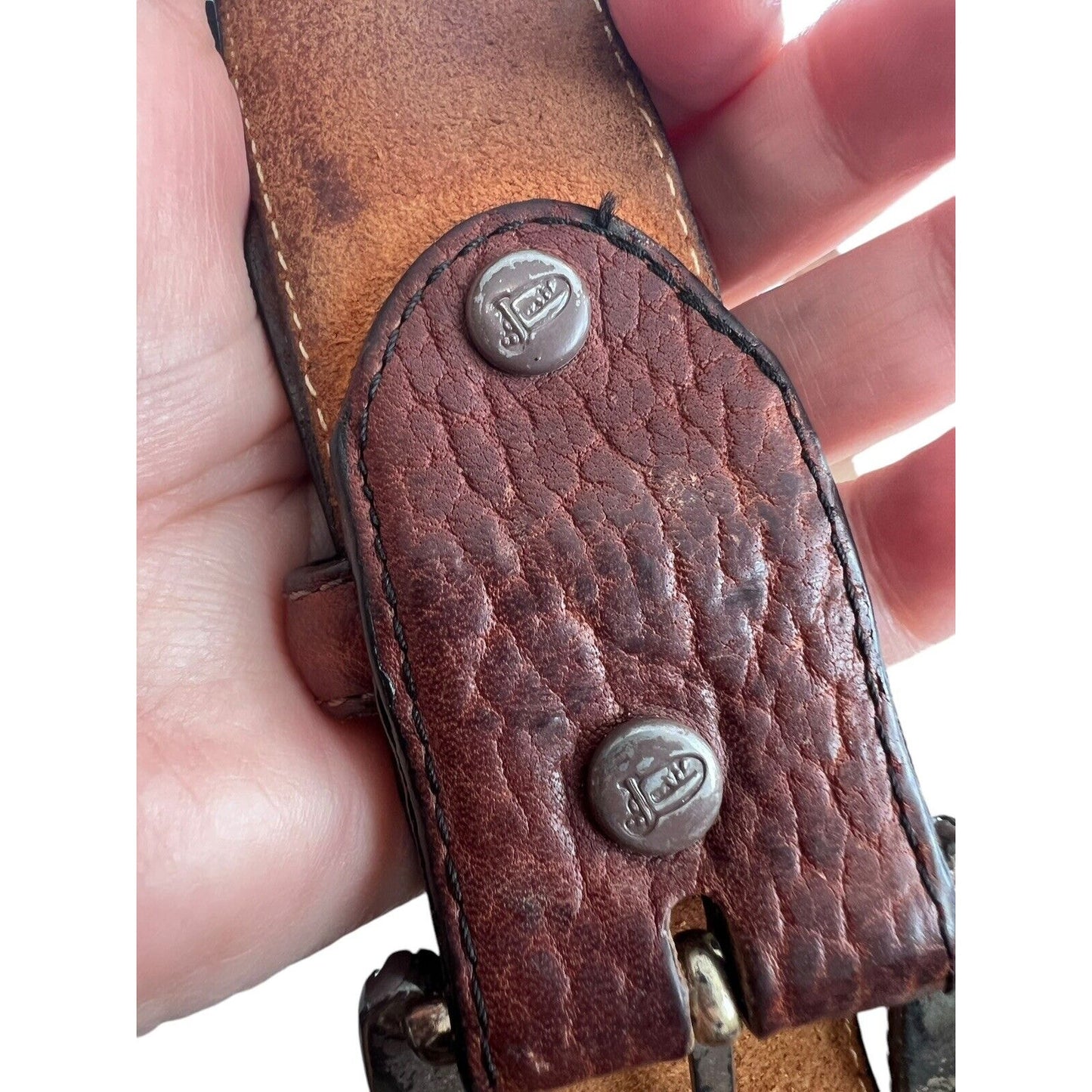 Vintage 1995 JUSTIN Western Black Brown Leather Belt Cowboy Silver Tone Buckle