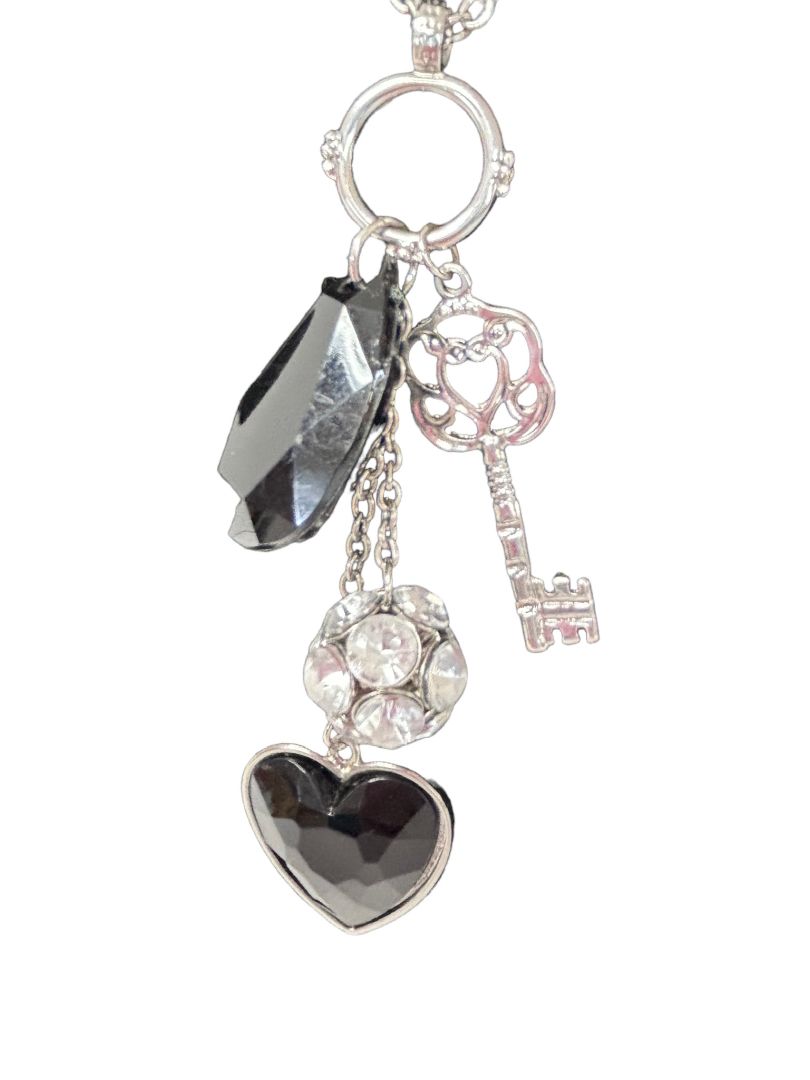 Silvertone Charm Necklace Black Charms Key Heart 28" Lobster Clasp