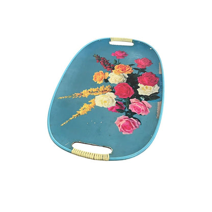 Vintage Serving Tray MCM Floral Roses Wrapped Handles Bouquet Bright Japan