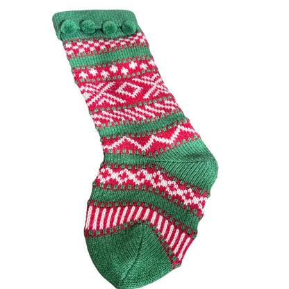 Vintage Nordic Christmas Stocking 19.5” Wool Knit Green Red Pom Poms EUC