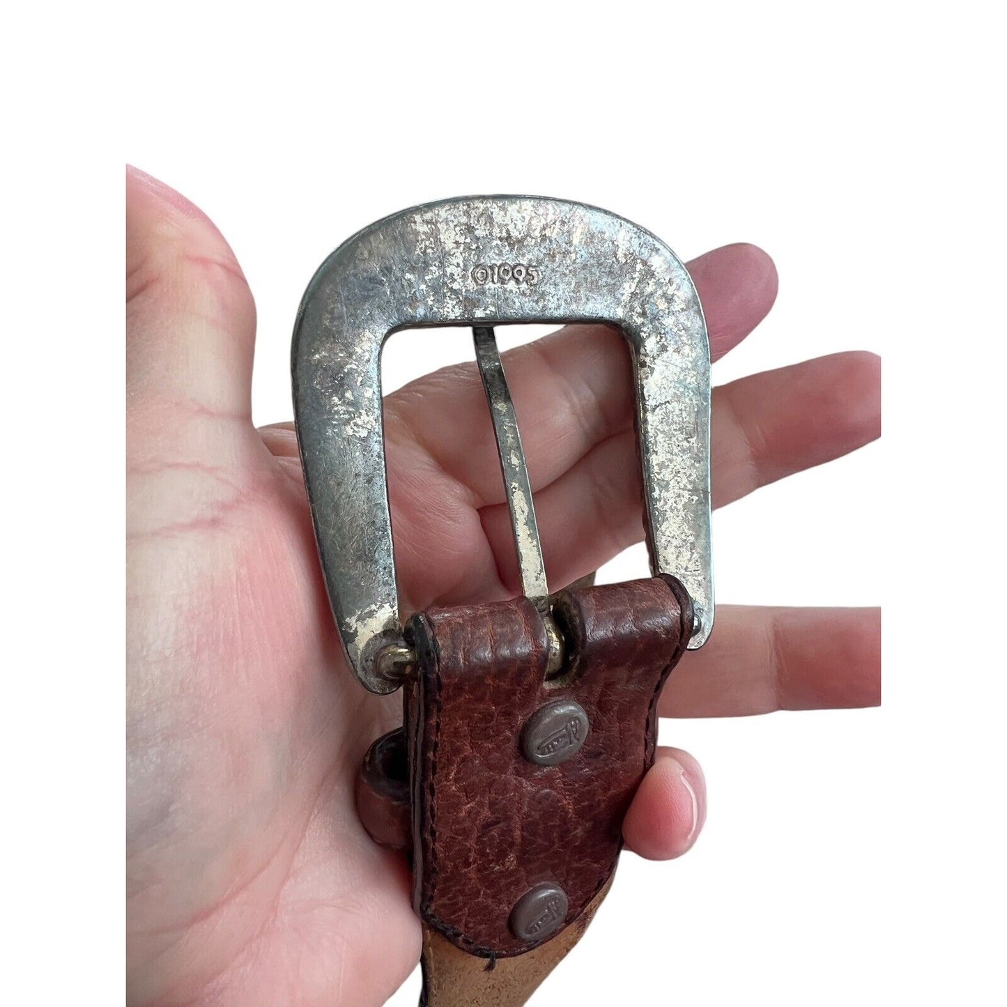 Vintage 1995 JUSTIN Western Black Brown Leather Belt Cowboy Silver Tone Buckle