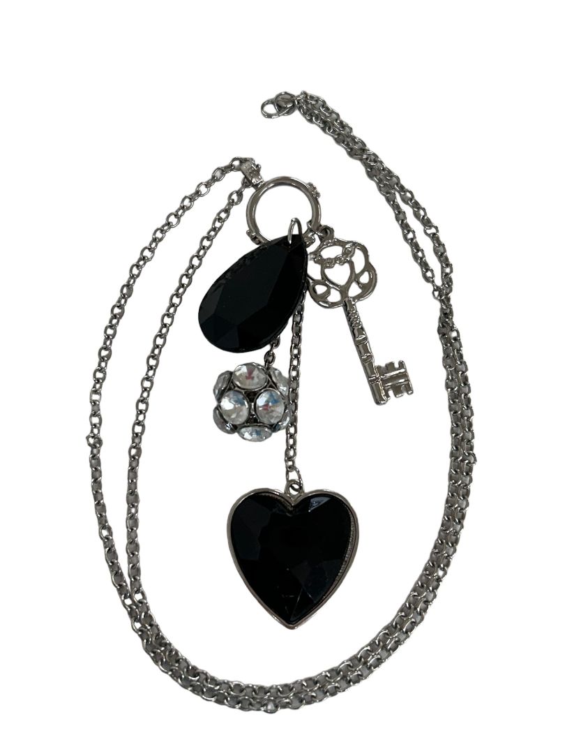 Silvertone Charm Necklace Black Charms Key Heart 28" Lobster Clasp