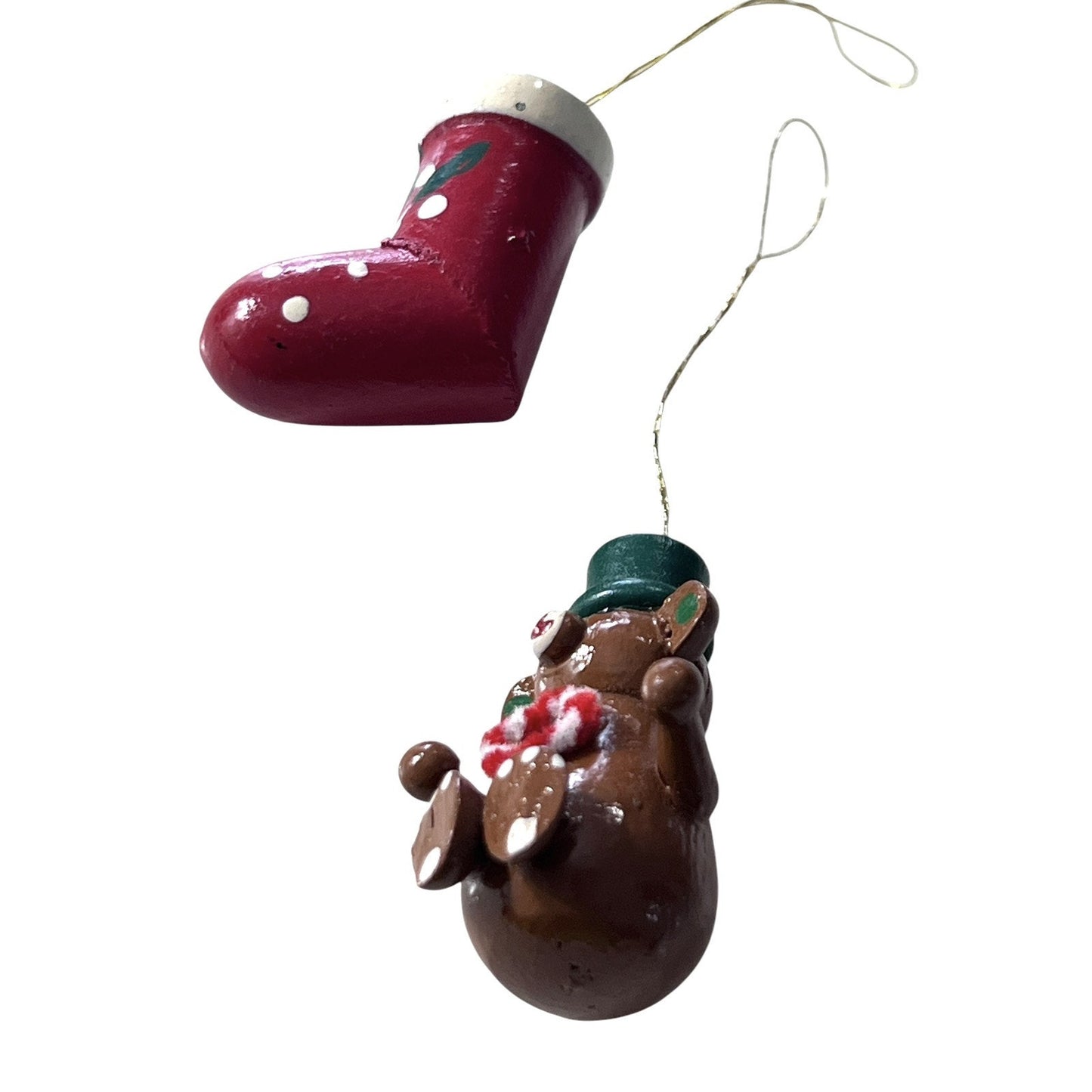 2 Vintage Hand Painted Wooden Christmas Ornaments Small Retro Bear Stocking