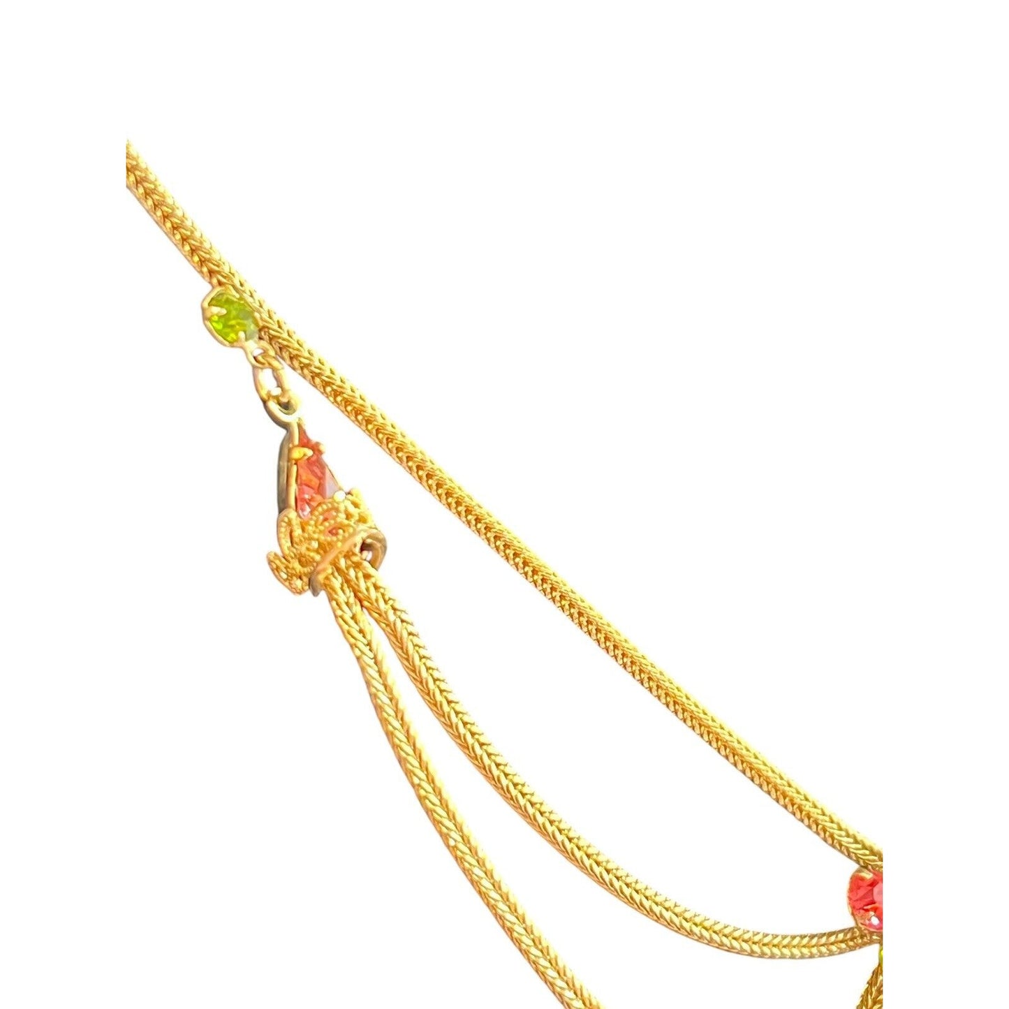 Art Deco Green Pink Rhinestone Festoon Swag Necklace Vintage Rectangle Leaf Acce