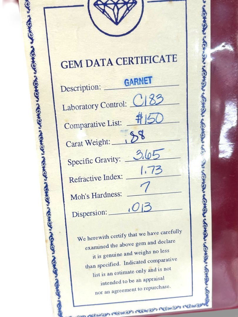 Garnet .88 Carat Weight with Gem Data Certificate Folder