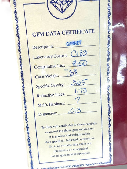 Garnet .88 Carat Weight with Gem Data Certificate Folder