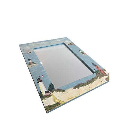 Hand Painted Wall Mirror Light House Wood Blue Handpainted Vintage 14” X 11”