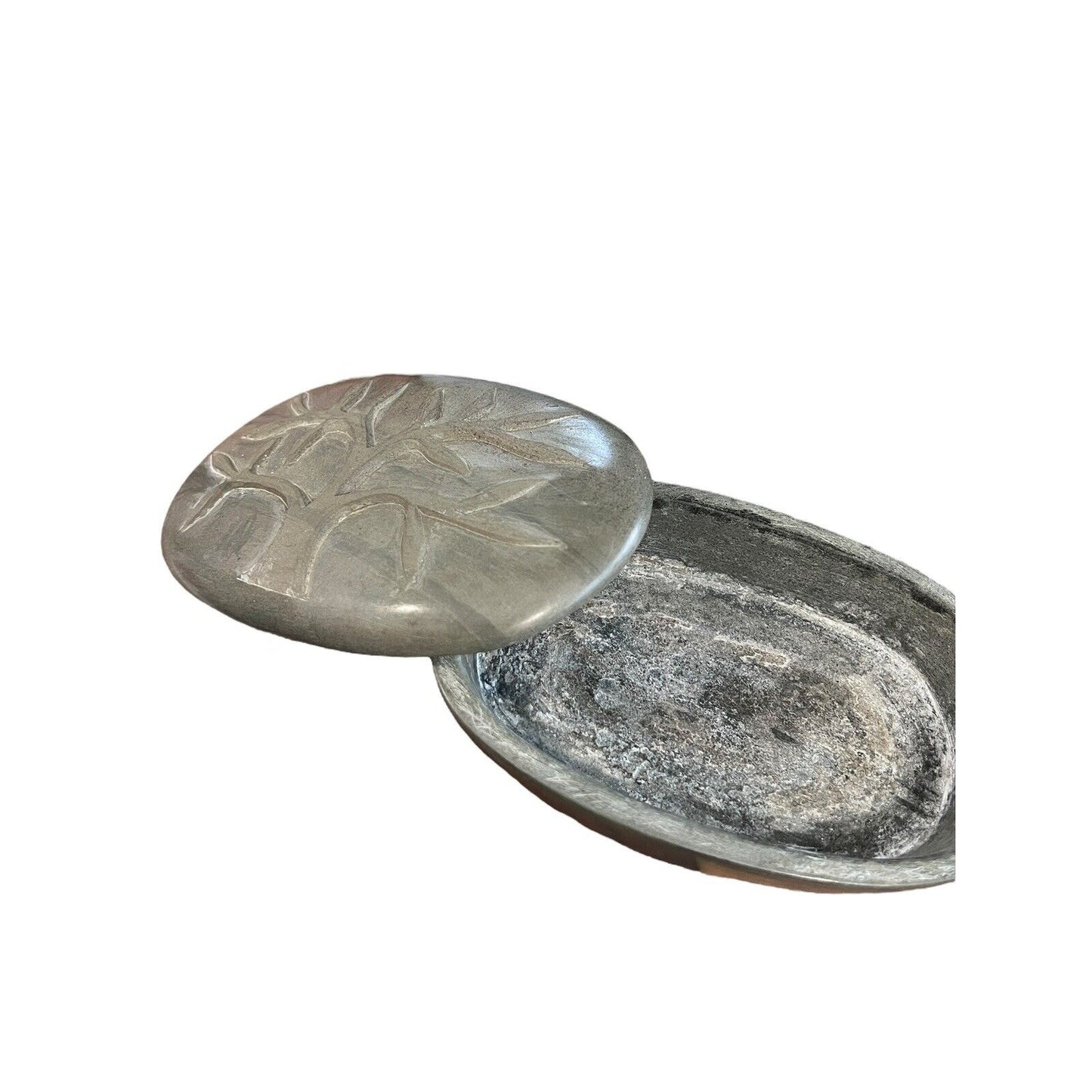 Carved Tree Gray Green Soapstone Lidded Trinket Box Smooth Haiti Soap Dish