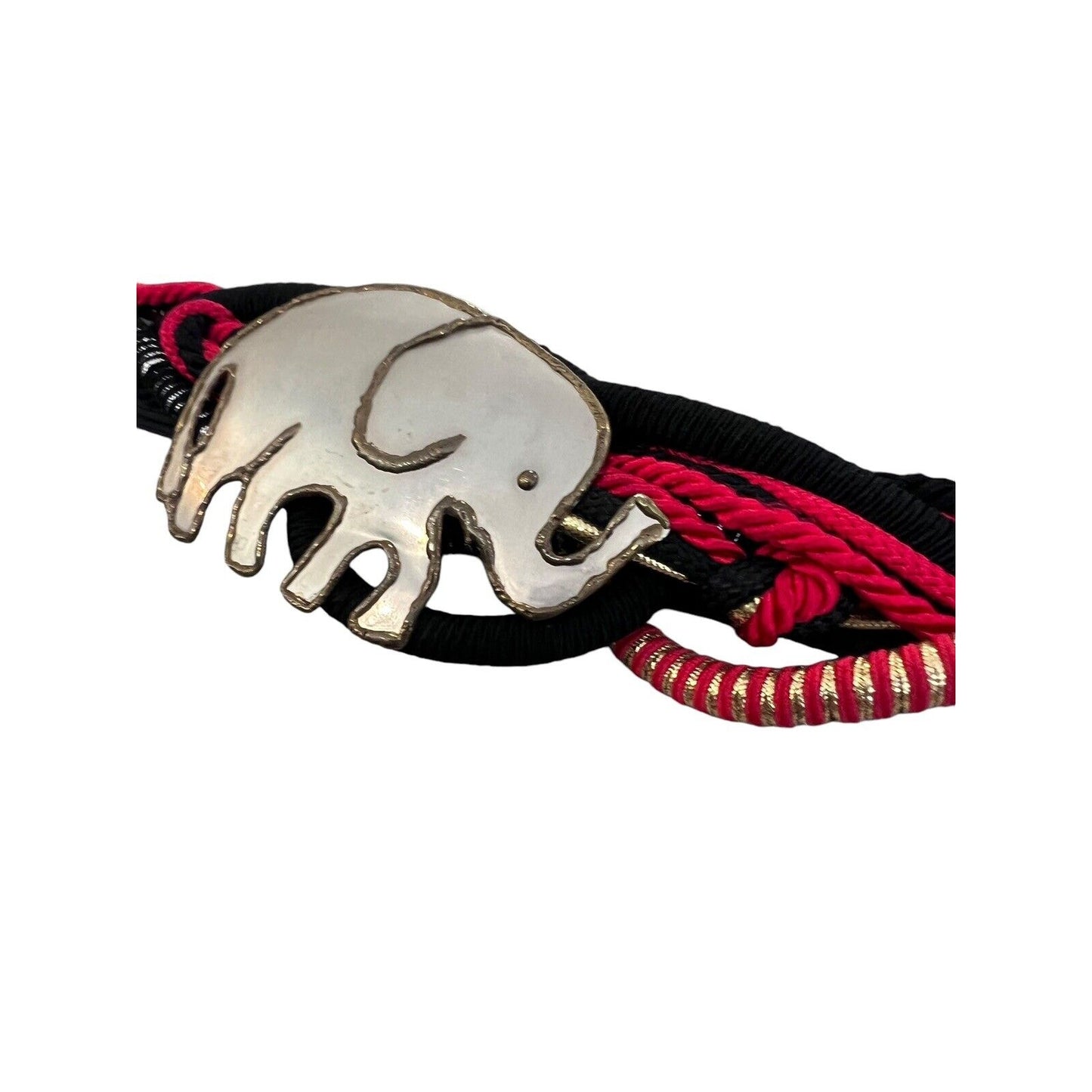 Vintage 80s Braided Belt Black Red Metallic Gold Satin Rope Adjustable Elephant