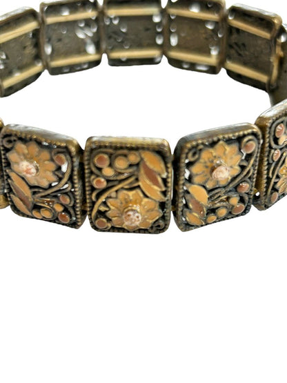 Brown Enameled Stretch Bracelet Floral Copper Color Stretchy