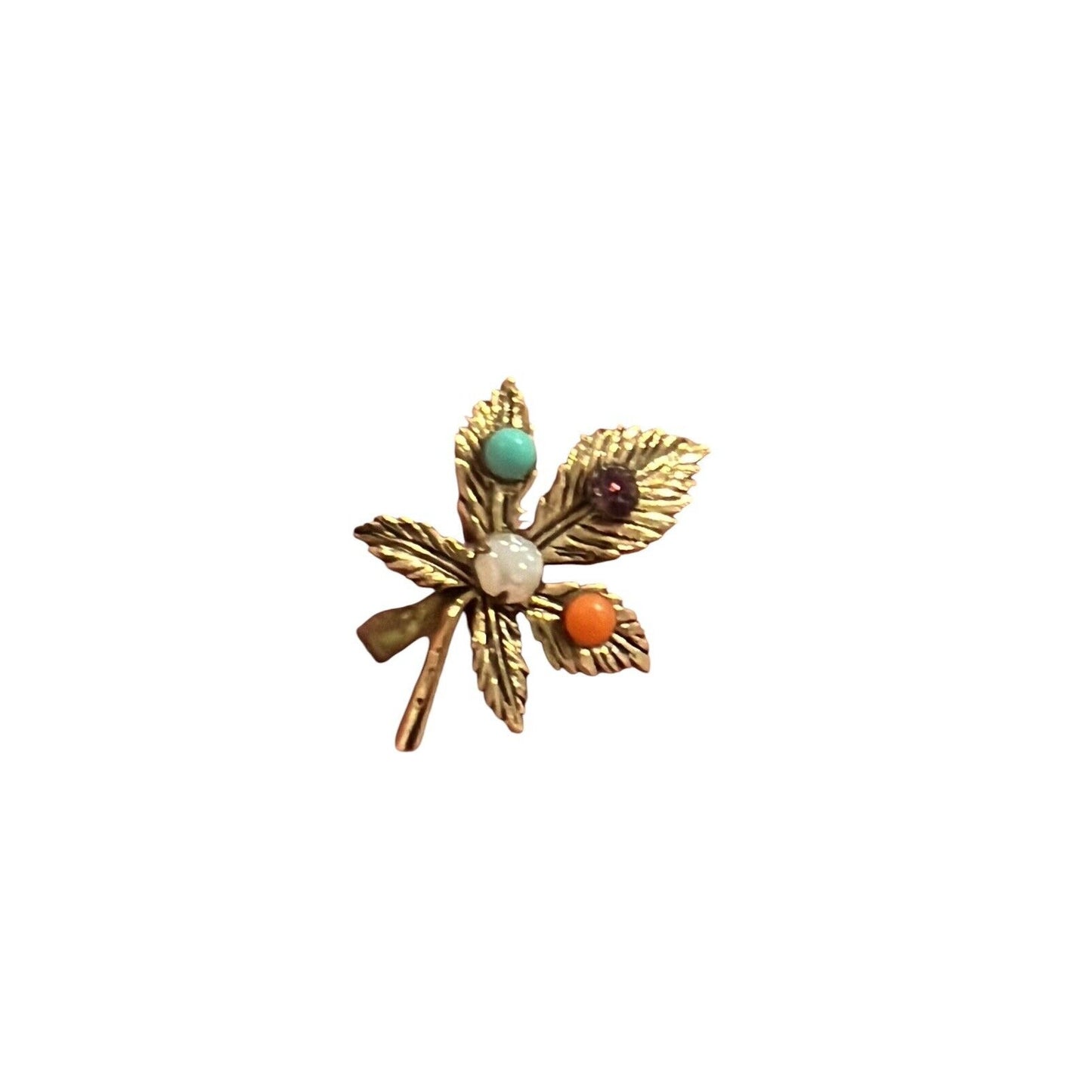 Vintage Gold Tone Leaf Faux Gemstone & Faux Pearl Pin Brooch