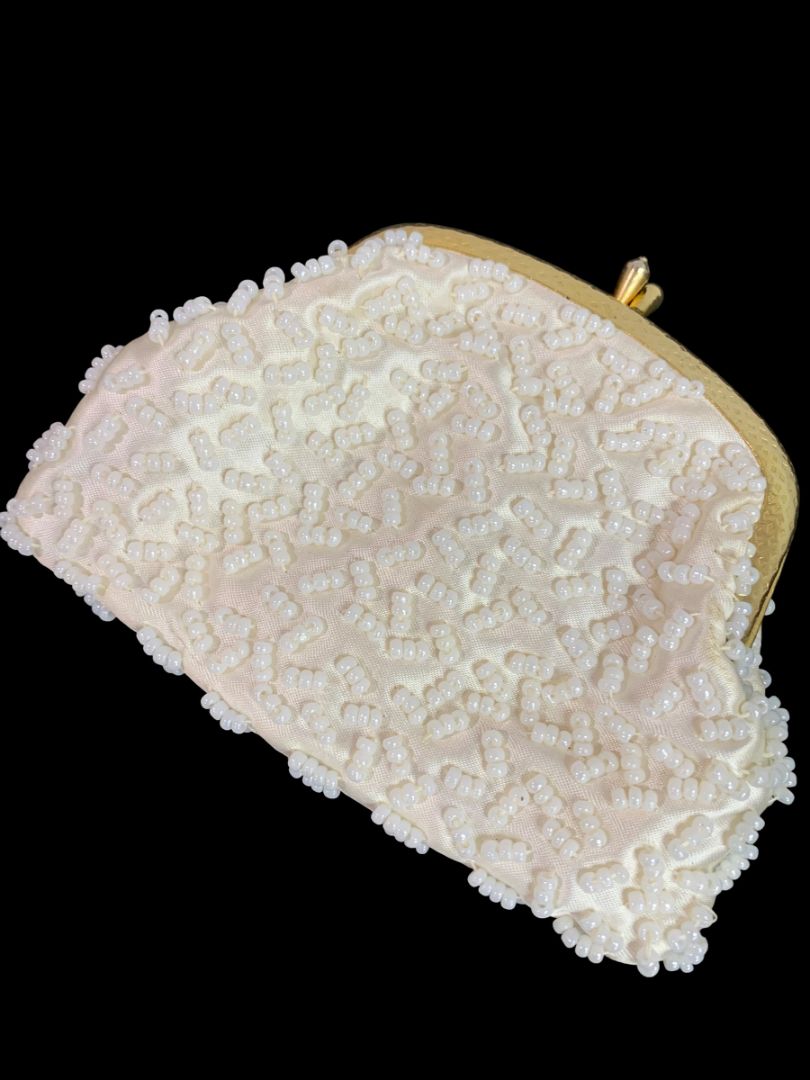 Vintage Golden Name Beaded White Change Purse Hinged Clasp Hong Kong