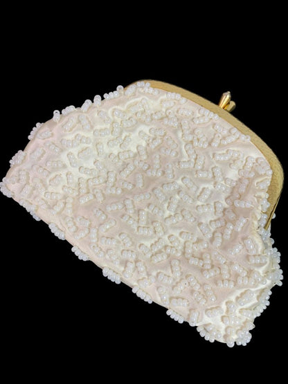 Vintage Golden Name Beaded White Change Purse Hinged Clasp Hong Kong
