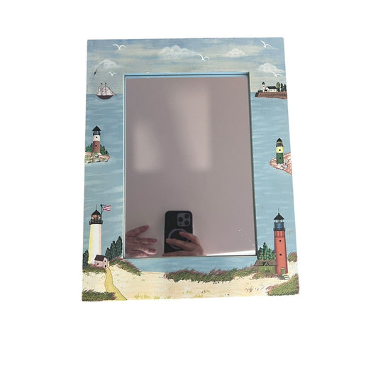 Hand Painted Wall Mirror Light House Wood Blue Handpainted Vintage 14” X 11”