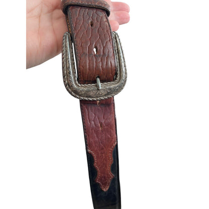 Vintage 1995 JUSTIN Western Black Brown Leather Belt Cowboy Silver Tone Buckle