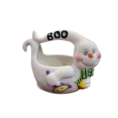 Porcelain Ghost Boo Handle Halloween Candy Dish Bowl WCL Crazing