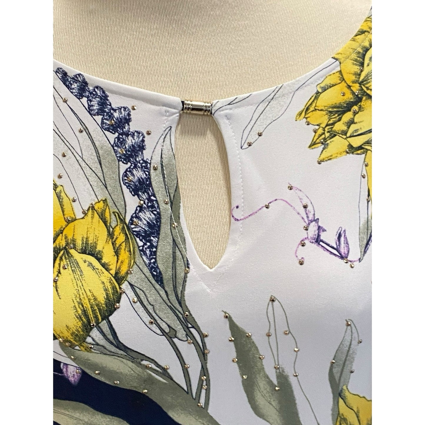 Size Small JM Collection Blue White Yellow Floral Studded Sheath Dress