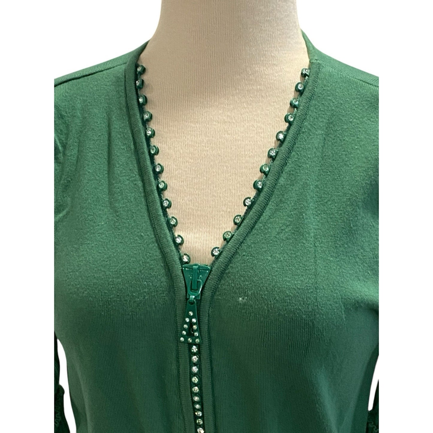 Size 2 Green ABC Fashion 3/4 Sleeve Sweater Rhinestone Bling Zipper Preppy Sassy