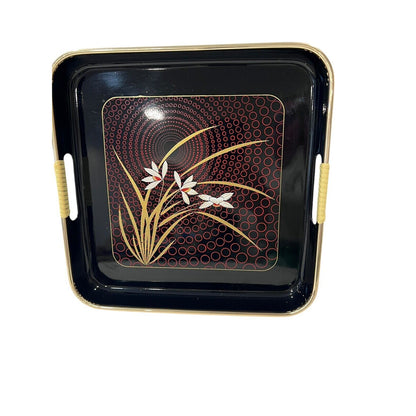 Japanese Black Lacquer Tray "Grand Iris" Gold Rim Wrapped Handles EUC Vintage